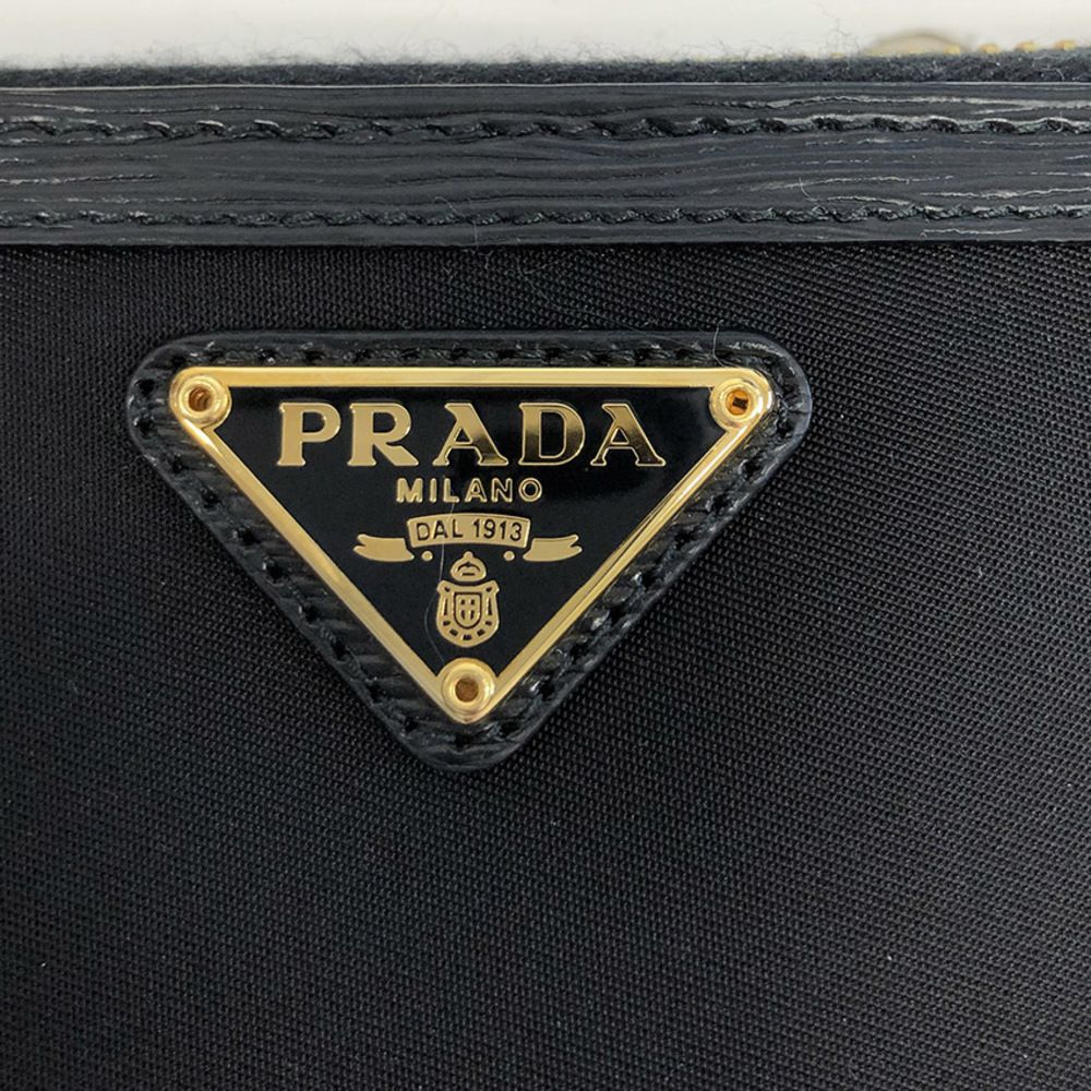 Prada Nylon Leather Long Wallet Round Zip Black Testo Vitello Around - Picture 4 of 6